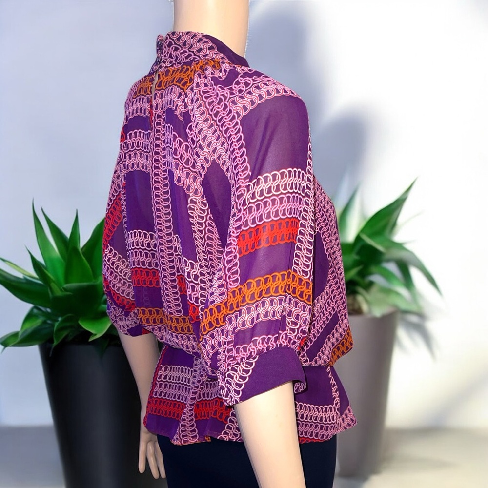 New York & Company Printed Dolman-Sleeve Keyhole Neck Waist Tie Blouse - Picture 6 of 15